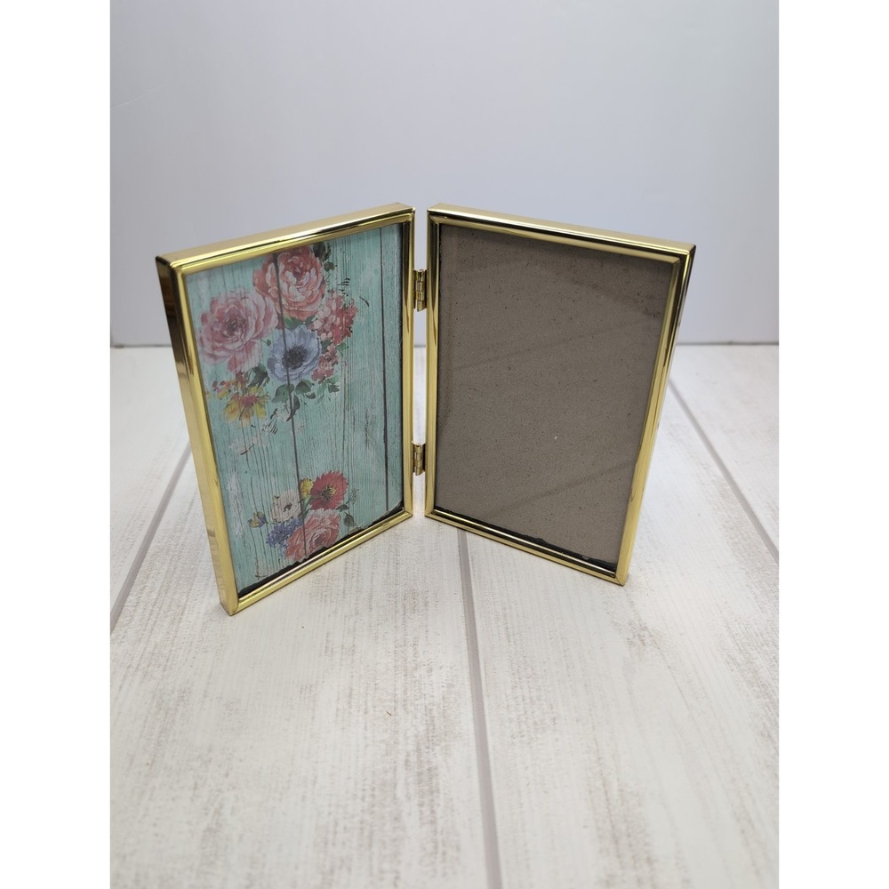 Vintage Solid Brass Double Picture Frame 4x6 Hinged Bifold Standing Gold MCM